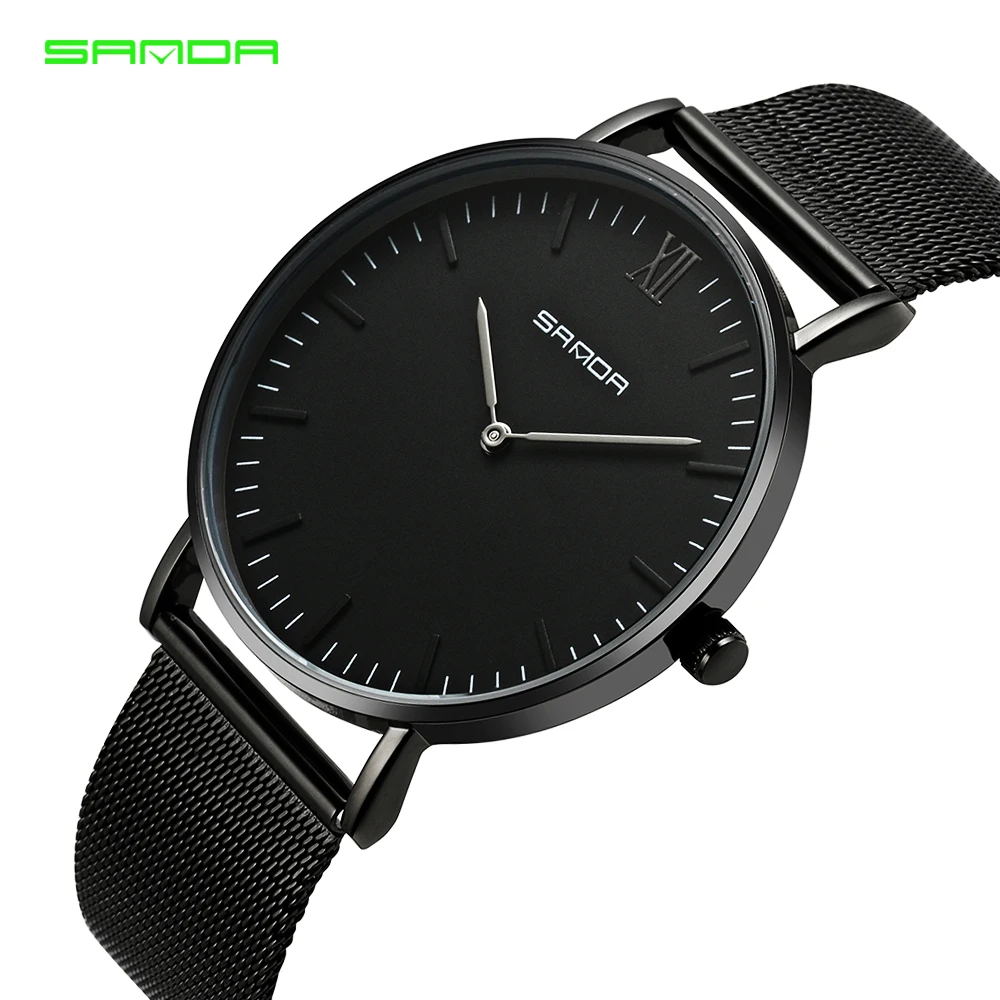 

Top Luxury Brand Quartz watch men Black Casual Japan quartz-watch stainless steel Mesh strap ultra thin clock male SANDA