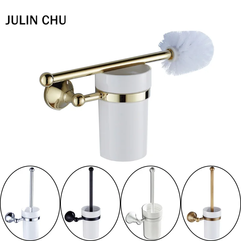 Chrome Brass Toilet Brush Holder Set Bathroom Cleaning Brush Kit W/ Ceramic Cup 