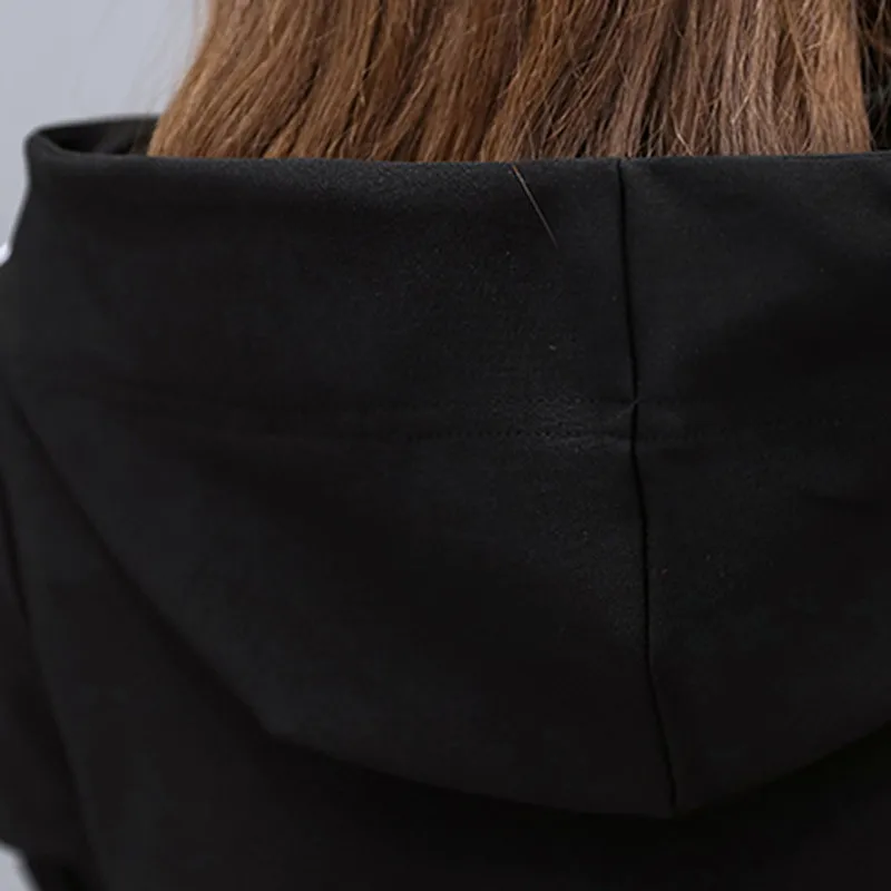 Модные тонкие черные толстовки с капюшоном, Женский комплект размера плюс, в полоску, сбоку, повседневный комплект из 2 предметов, на молнии, Длинная толстовка с капюшоном+ штаны Mulher