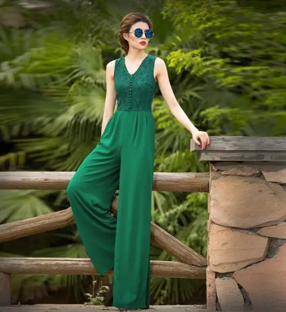 2019 Sexy Summer Jumpsuit Party Bohemian Overalls Rompers Chiffon Elegant Green Full Length Lace Wide Leg Bodysuit S M L XL 2019 Sexy Summer Jumpsuit Party Bohemian Overalls Rompers Chiffon Elegant Green Full Length Lace Wide Leg Bodysuit S M L XL
