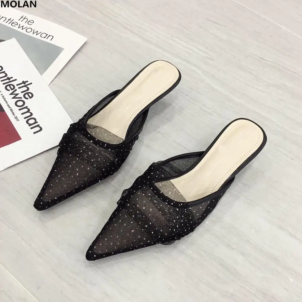 

MOLAN Brand Designers 2019 Spring Autumn New Sexy Air Mesh Kitten Heels Ladies Pumps Woman Shoes Bling Dot Slip On Loafers Mules