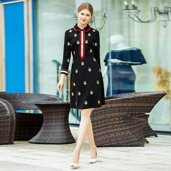 

Runway Designer High Quality Autumn New Women'S Fashion Party Sexy Vintage Elegant Chic Bee Embroidery Black Long Sleeve Dress