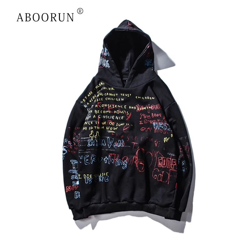 

ABOORUN Men's Fashion Sweatshirts Hip Hop Graffiti Printed Hoodies Spring Autumn Pullover Sportwear for Male R1027