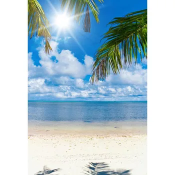 

Hawaiian Style Photography Background Clear Water White Sand Green Leaves Blue Sky With White Clouds Backdrop For Photo Booth