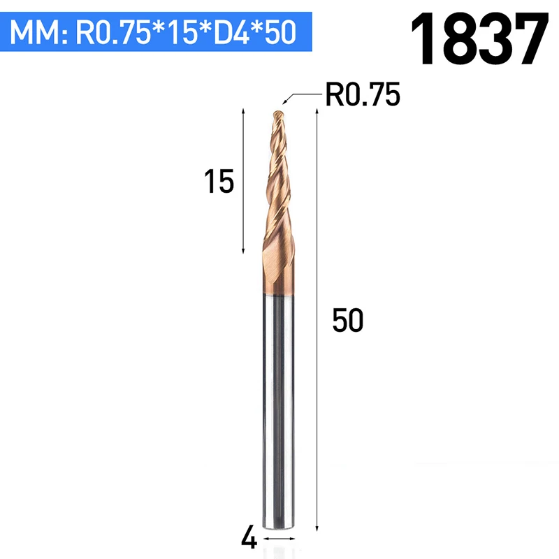 1 шт. HRC55 коническая шаровая Концевая фреза с вольфрамовым твердосплавным покрытием конус с ЧПУ фреза D4-D10mm гравировальный станок - Длина режущей кромки: 1837