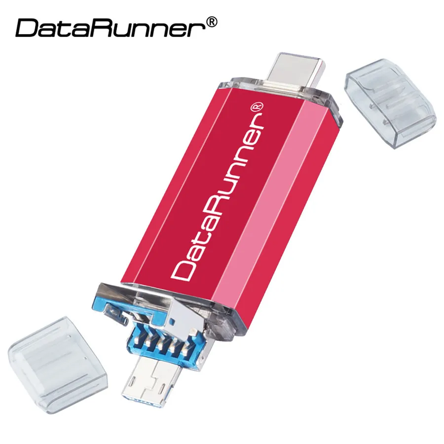 Флеш-накопитель DataRunner OTG флеш-накопитель Usb 3,0, 512 ГБ, 256 ГБ, 32 ГБ, 64 ГБ, 128 ГБ, флеш-накопитель 3 в 1, Micro Usb, флеш-накопитель типа C - Цвет: Красный