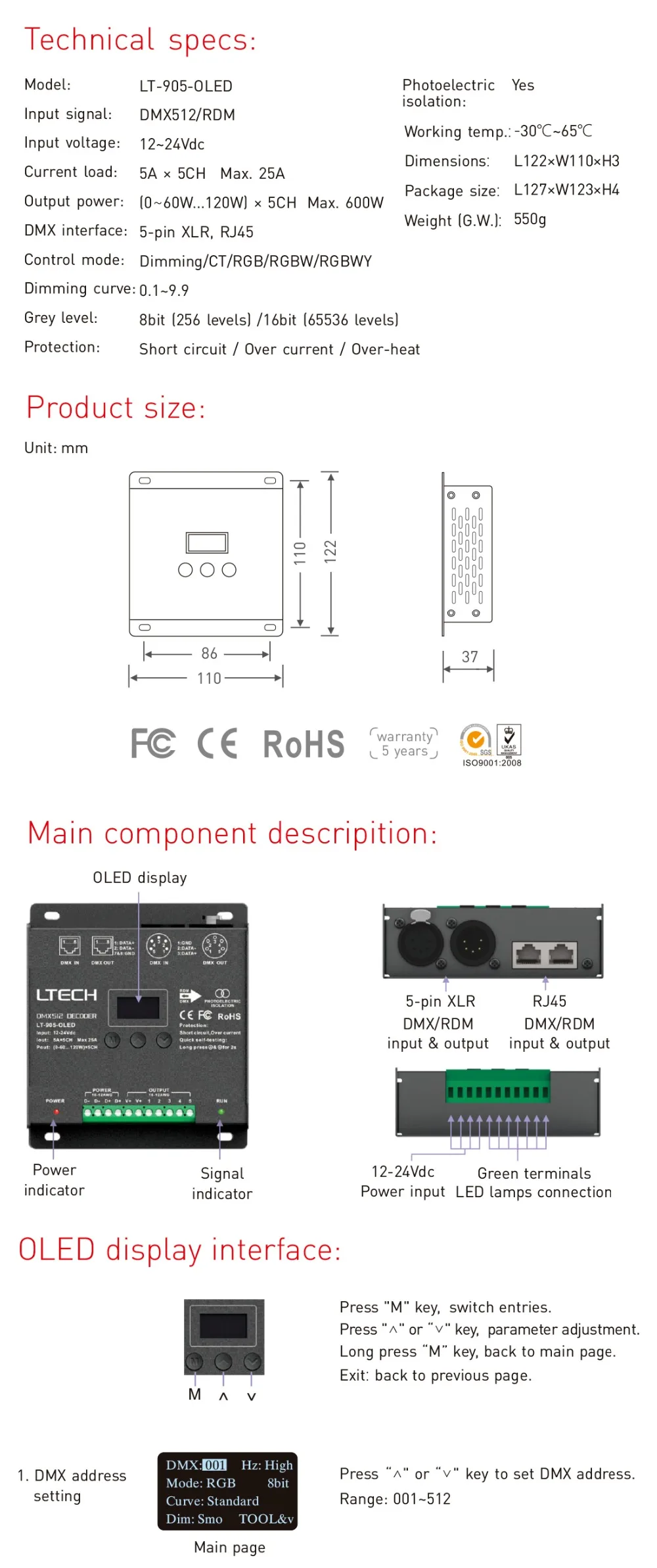 Ltech 5ch Cv Dmx Decoder Lt 905 Oled Dc12 24v 5a 5ch 600w Led Controller For Single Color Ct Rgb Rgbw Rgbwy Led Light Lamp Rgb Controlers Aliexpress