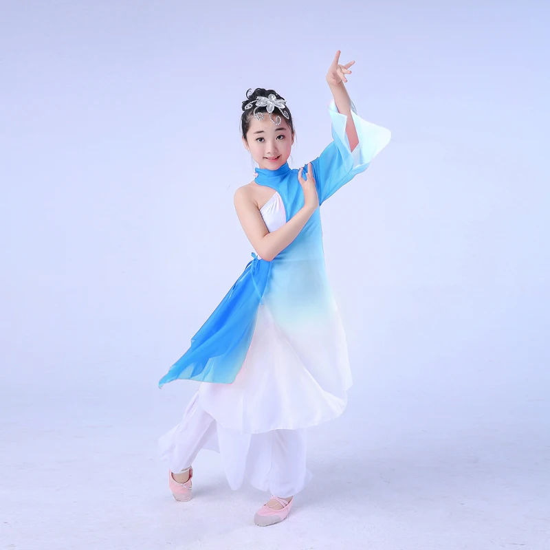 

Chinese style hanfu girl classical costume girl hmong fan dance yangko clothing ink dance stage performance costume