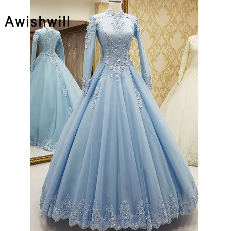 dinner dresses for ladies New Arrival Arabic Long Sleeve Evening Gown Muslim Women Ball Gown Party Dress Lace Appliques Tulle Elegant Prom Dress green evening gown