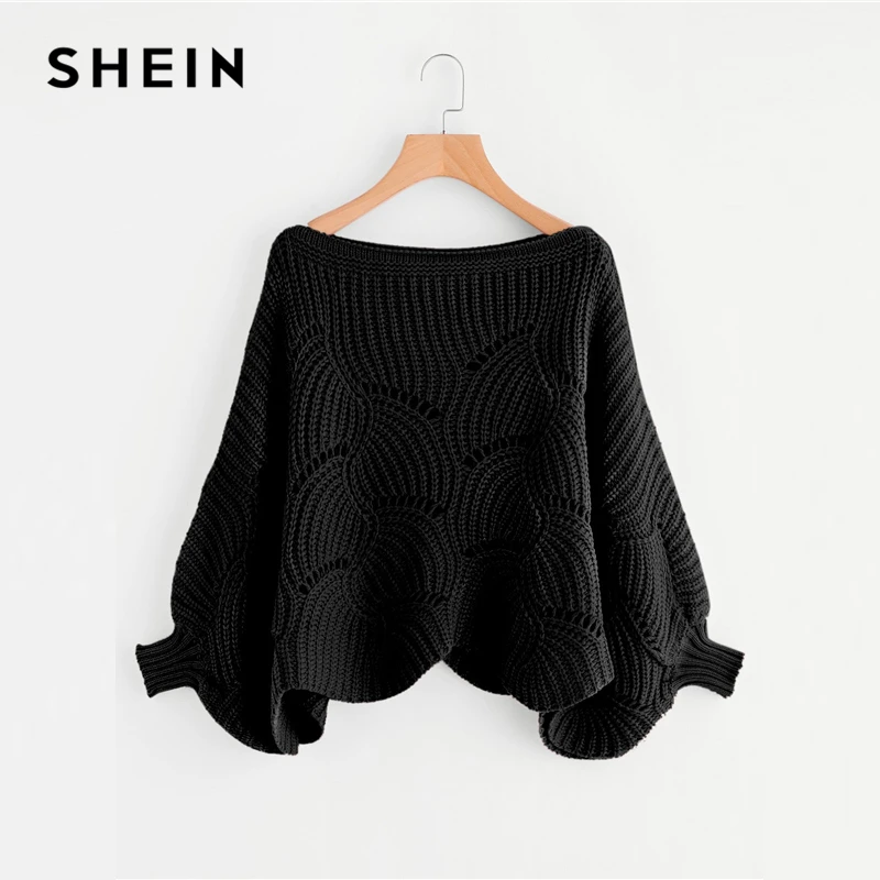 SHEIN Black Preppy Solid Oversized Eyelet Detail Scallop Trim Batwing Sleeve Boat Neck Sweater 2018 Autumn Casual Women Sweaters
