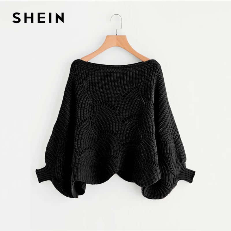 SHEIN Black Preppy Solid Oversized Eyelet Detail Scallop Trim Batwing Sleeve Boat Neck Sweater 2018 Autumn Casual Women Sweaters SHEIN Black Preppy Solid Oversized Eyelet Detail Scallop Trim Batwing Sleeve Boat Neck Sweater 2018 Autumn Casual Women Sweaters