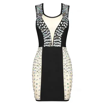 

2019 New Sexy Mesh Luxury beading Bandage Vestidos Fashion Sleeveless Summer Mini Bodycon Black Celebrity Party Vestidos Club