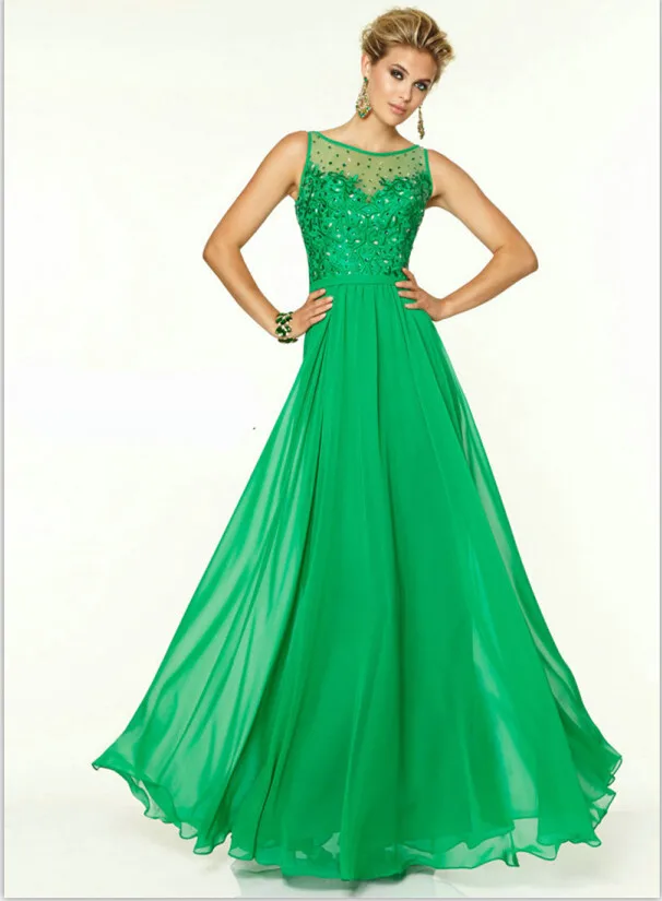 2016 New Arrival Prom Dress Green Scoop Sleeveless With Appliques