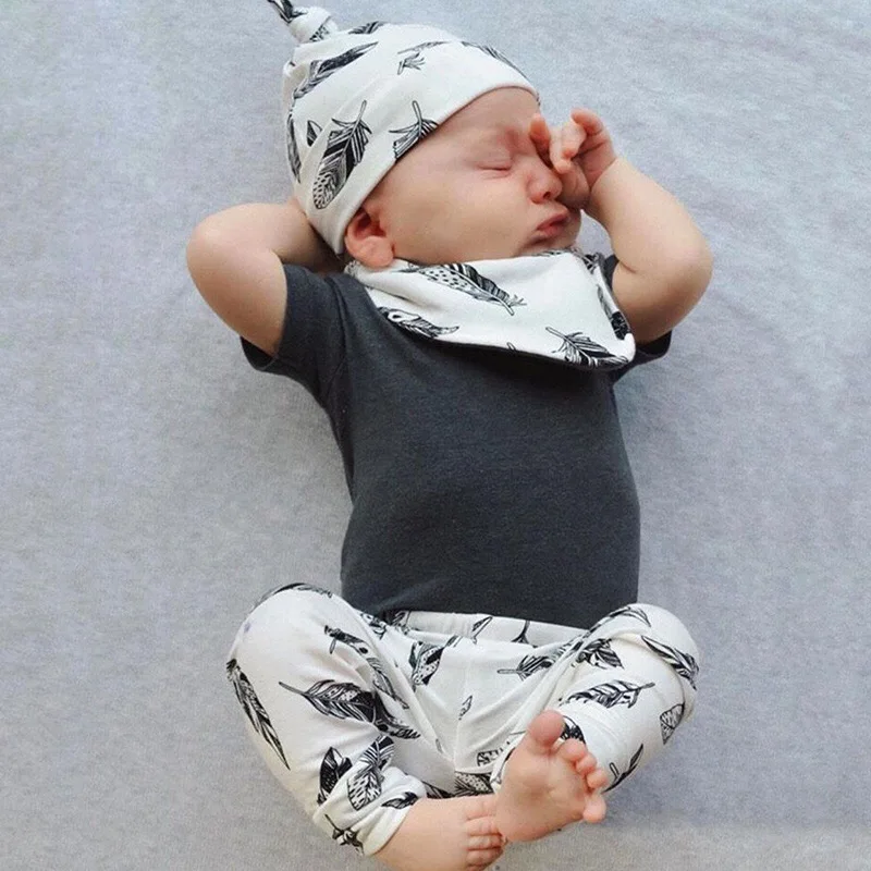 

4Pcs Newborn Toddler Baby Boy Clothes Summer Short Sleeve Gray T-Shirts+Leaves Print Pants+hat+Bibs Infant Baby Clothing Set