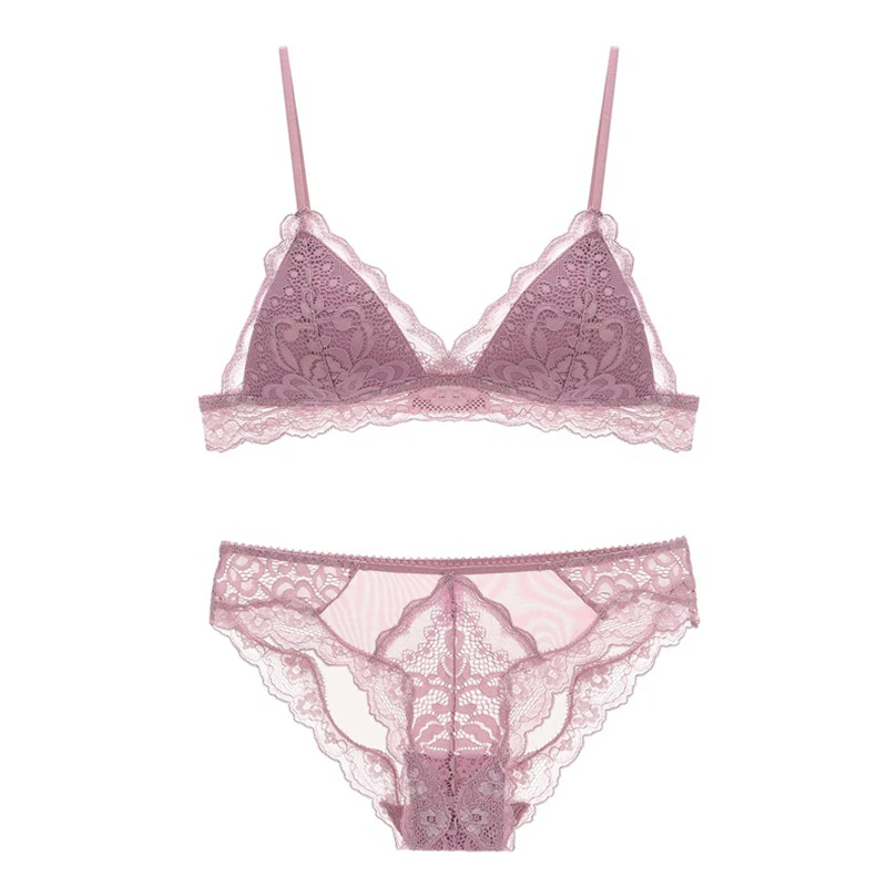 

Sexy Open Cup Plunge Bra For Girls Lace Ultra Thin Lined Wireless Triangle Bra and Panties Set Underwear Lingerie Women 2019 New