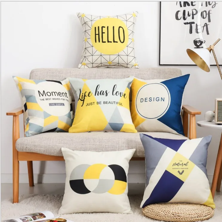 

Nordic Geometric Pillow Cover Decorative Linen Yellow Hello Cushion Cover Home Decor Pillow Case 45x45cm Pillow Sham