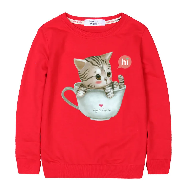 

New Lovely Cat Cup Letter Print Sweatshirt Girls 100% Cotton O Neck Long Sleeve Spring Autumn Pullover Hoodies Tops