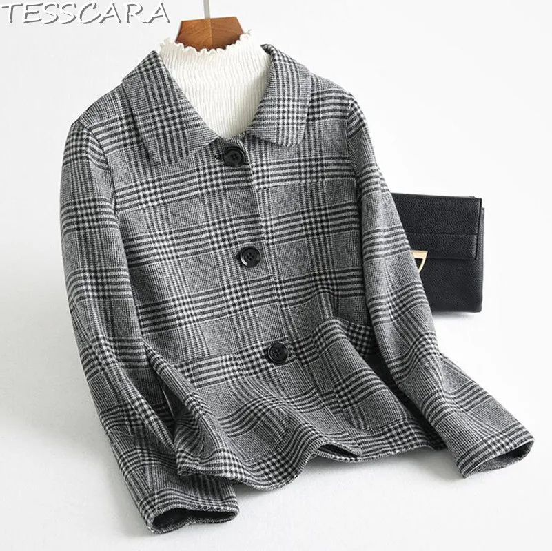 Qualité Plaid Tesscara Veste Laine Vestes Bureau Automne Haute Grey De Pardessus Femmes Femelle Manteaux Base Mélange Cachemire Manteau wOOSrRx