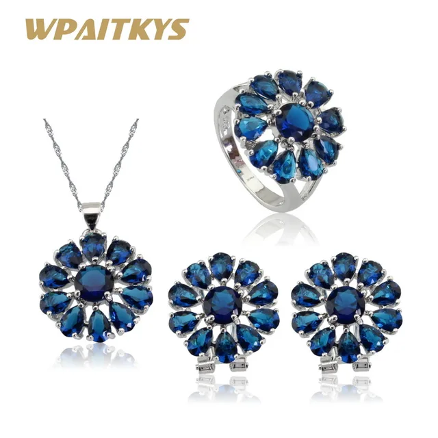 Wpaitkys Silver Color Jewelry Sets Flower Blue Crystal Hoop Earrings Wpaitkys Silver Color Jewelry Sets Flower Blue Crystal Hoop Earrings Pendant Necklace Rings For Women Free