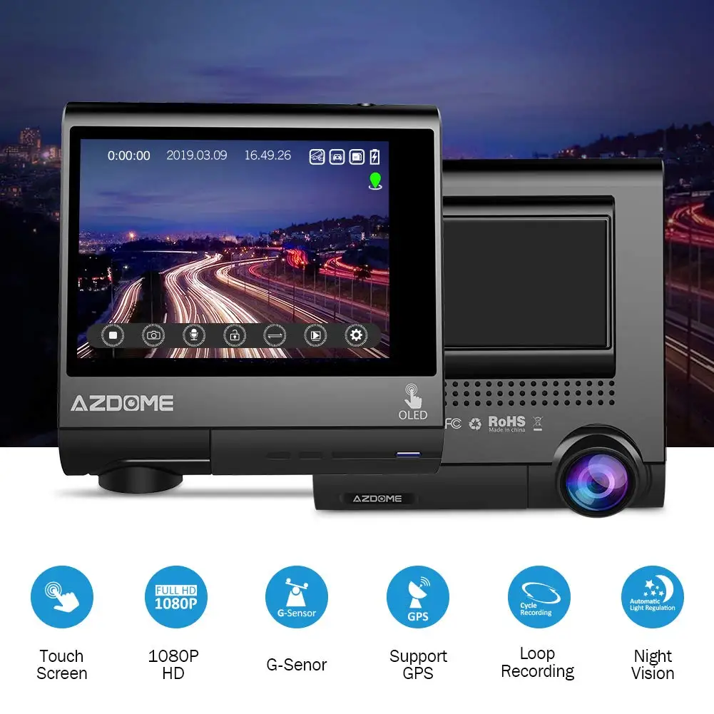 AZDOME M05 World First 3 &quotOLED сенсорный экран Автомобильный видеорегистратор с GPS камерой