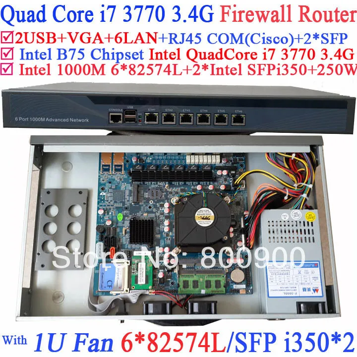 Smart 1U Network Firewall soft routing with 8 Ports 6*1000M 82574L Gigabit Nics 2* intel i350 SFP Intel Quad-Core i7 3770 3.4Ghz