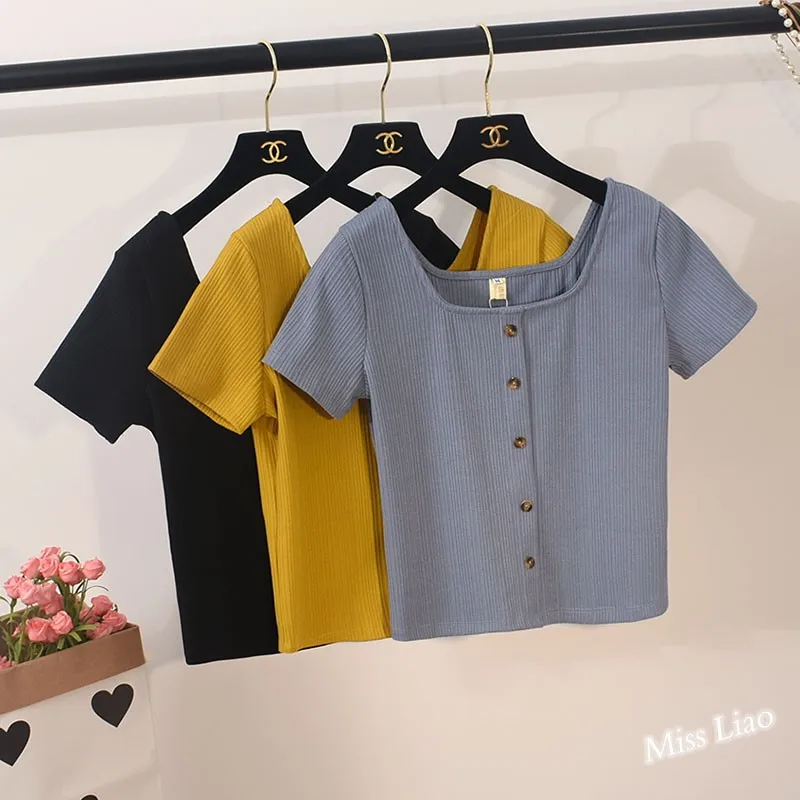 

2019 ins NEW thin knitted Retro short sleeve women T-shirt Summer Square Collar solid causal korean T-shirt for Girls