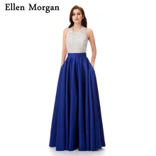 Королевский синий атласные вечерние платья для женщин длинные с бисер карман Холтер Пол Длина молния Формальные Вечеринка платья