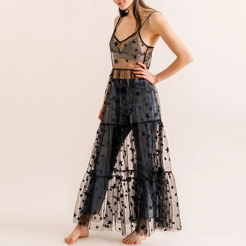 

transparent dresses Women Ladies See-through Noodles Strapp star pattern summer swing A-line beach Dress Long maxi Tulle Dresses
