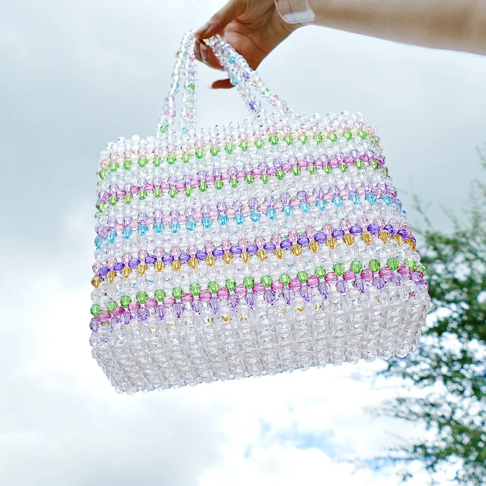 

Crystal Acrylic Beading Bag Handmade Women Tote Handbag Cherry Striped Colorful Beading Pochette Daily Party Purse Girls Pet Bag