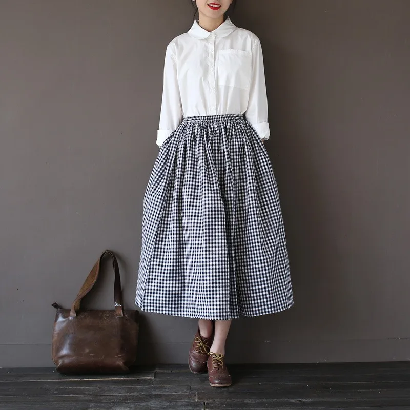 

Elastic waist Cotton Black White Plaid Women Skirt Vintage Mori girl style Casual Summer Skirt Kawaii Cute Plaid Long Skirt A071