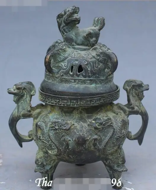 

Marked Old Chinese Bronze Dragon 3 Lion Foot Incense Burner Censer Incensory