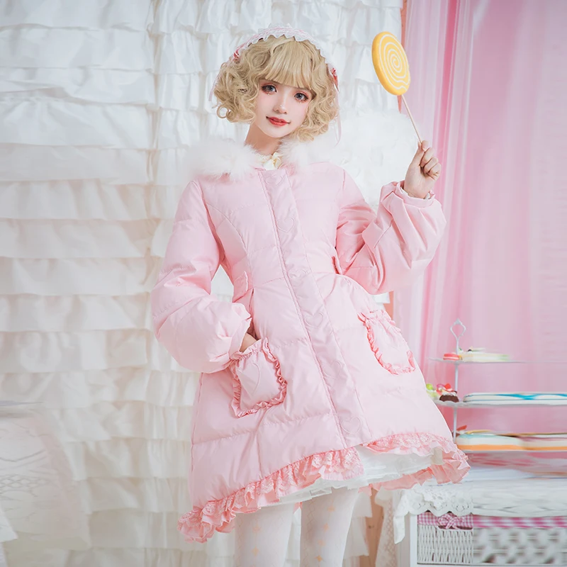 Douce Épaississement Lolita Belle rose Princesse Femmes Cheveux Automne blanc Zjy138 Et Vers Chaud Ciel Bas Parkas D'hiver Col Rose Adorable Le Pu CYppdSx