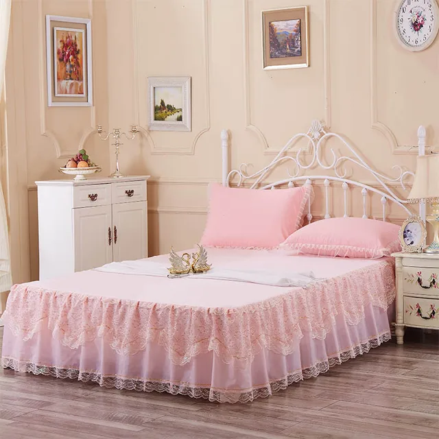 Romantic Bed Skirt Lace Bed Covers Queen Bedspread Set Pink Bed Skirt Bedspread One Piece