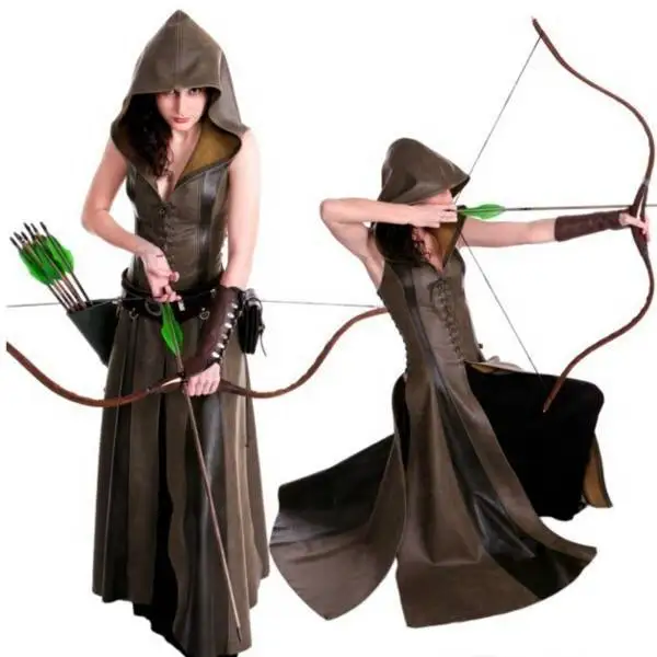 

Women Cosplay Costume Sexy Slim Lace Up Leather Medieval Ranger Dress Long Dress Sleeveless Dress Size S-XXL