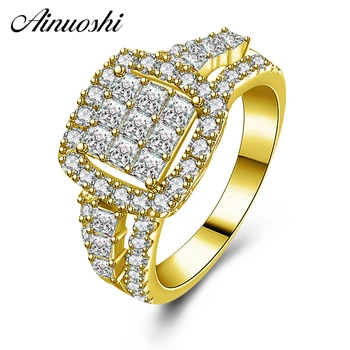

AINUOSHI 14K Solid Yellow Gold Halo Cluster Ring Square Cut Multi-layer Rows Drill CZ Wedding Engagement Jewelry for Women Male