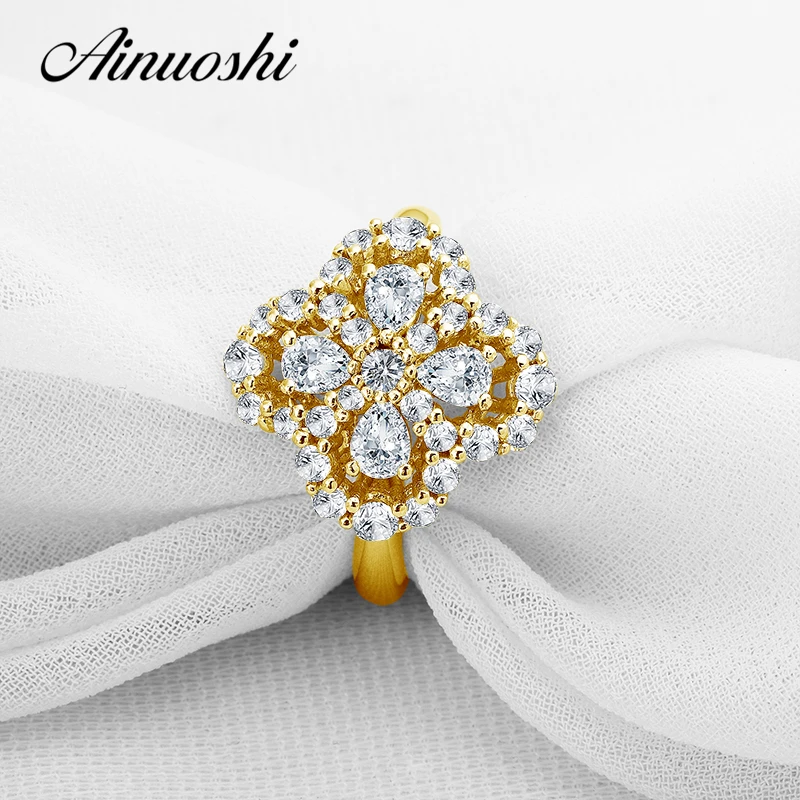 AINUOSHI, Трендовое кольцо с четырехлистным клевером, удача, 14 к, твердое желтое золото, грушевидная огранка, имитация бриллианта, Женское Обручальное цветочное кольцо