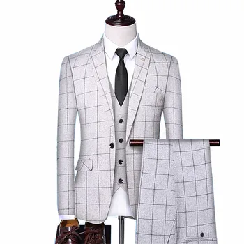 

British style suit plaid mens vest+blazer+pants fashion design high-end slim wedding banquet business suit 3 piece formal suit