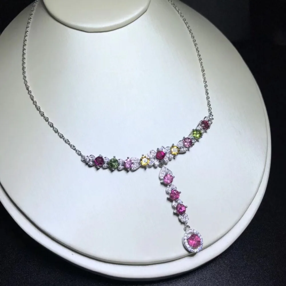 Naturel Multicolore Турмалин Кольер pierre naturelle ожерелье S925 argent la mode coeur femmes de Bijoux de mariage