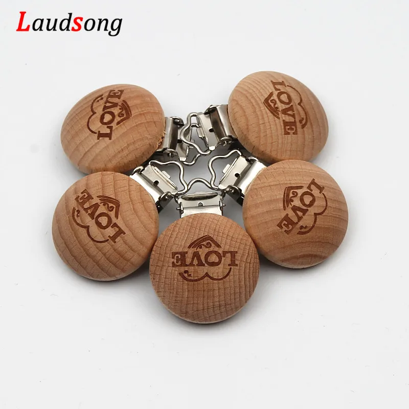 

5pcs Engraved Beech Wood Nipple Clip Holder Love Letter Pattern Pacifier Clip Dummy Holder Clips