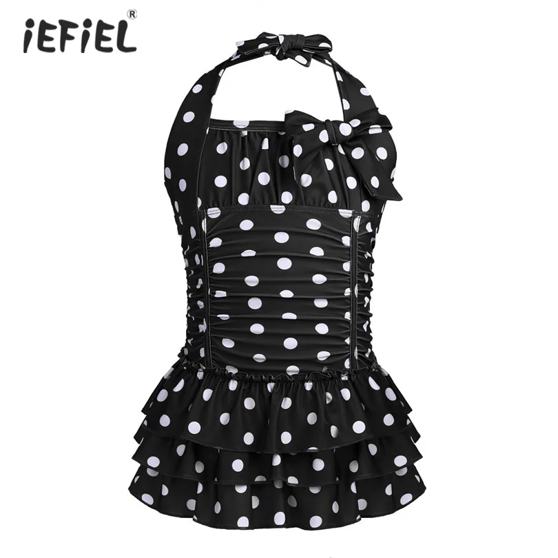 

Hot Kids Girls One-piece Swimsuit Sleeveless 2018 Summer Beach Wear Adjustable Halter Polka Dots Swimsuit Swimwear Bathing Suits