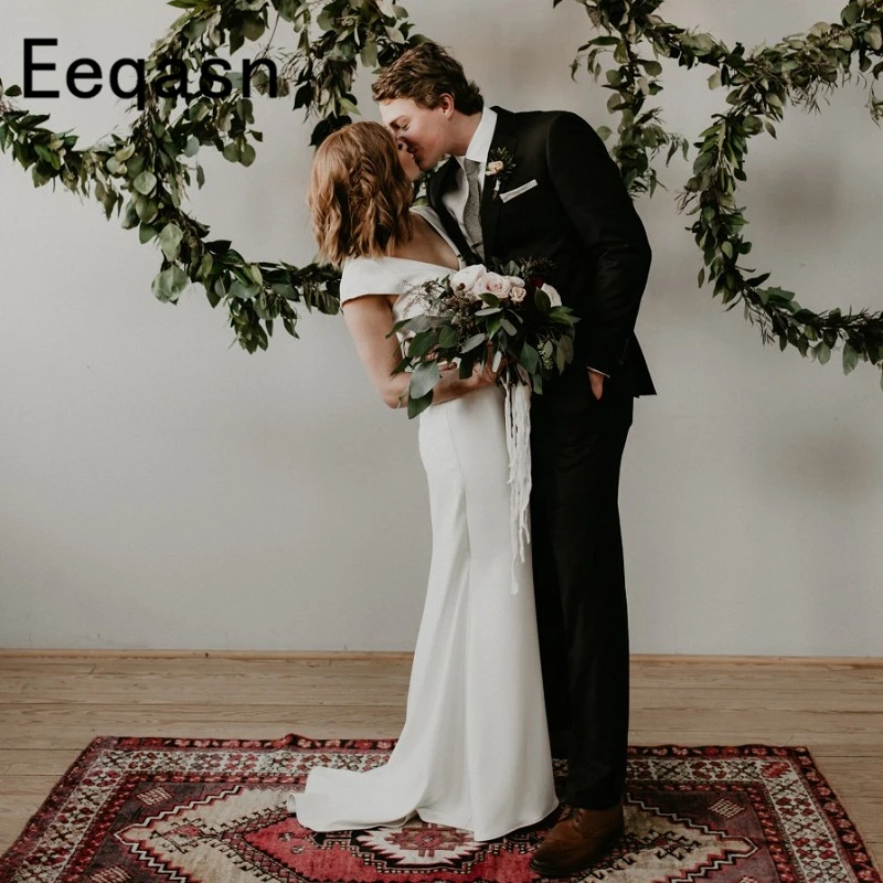 Элегантное свадебное платье es в пол с рукавами-крылышками и v-образным вырезом, мягкое атласное свадебное платье с коротким шлейфом