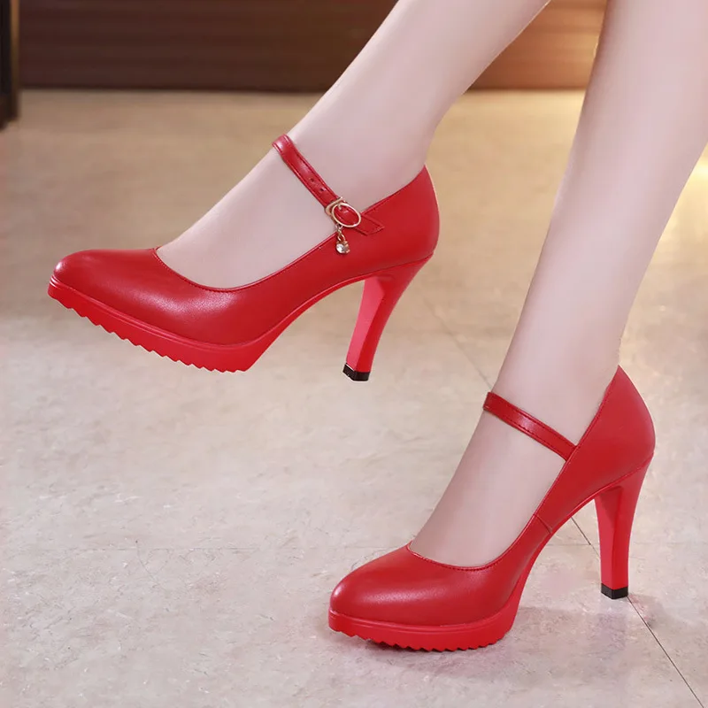 Серебристые свадебные туфли на квадратном каблуке; женские туфли-лодочки на платформе; коллекция года; сезон осень; обувь на высоком каблуке; женская кожаная офисная обувь; большие размеры 42-43 - Цвет: red 8cm heel