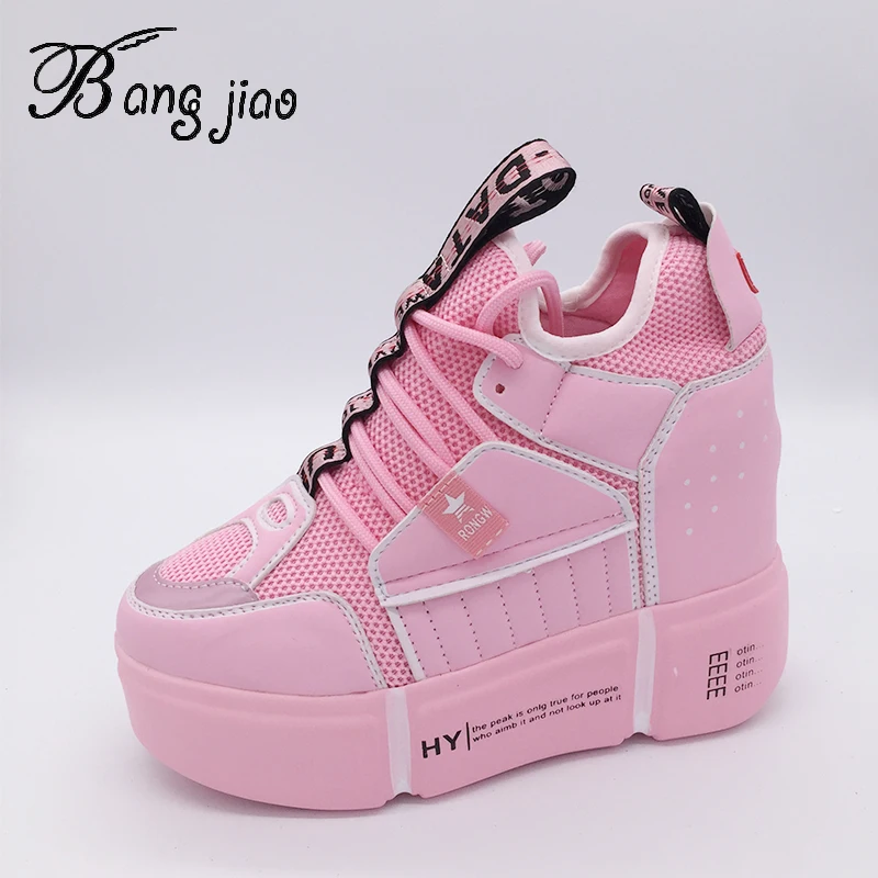 

2019 Women Sneakers Mesh Casual Platform Trainers White Shoes 11CM Heels Wedges Breathable Woman Height Increasing Shoes