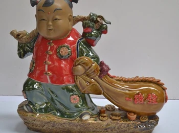 

China Painted Pottery Porcelain Buddhism Peach Wealth Bag Boy Child Kid Statue