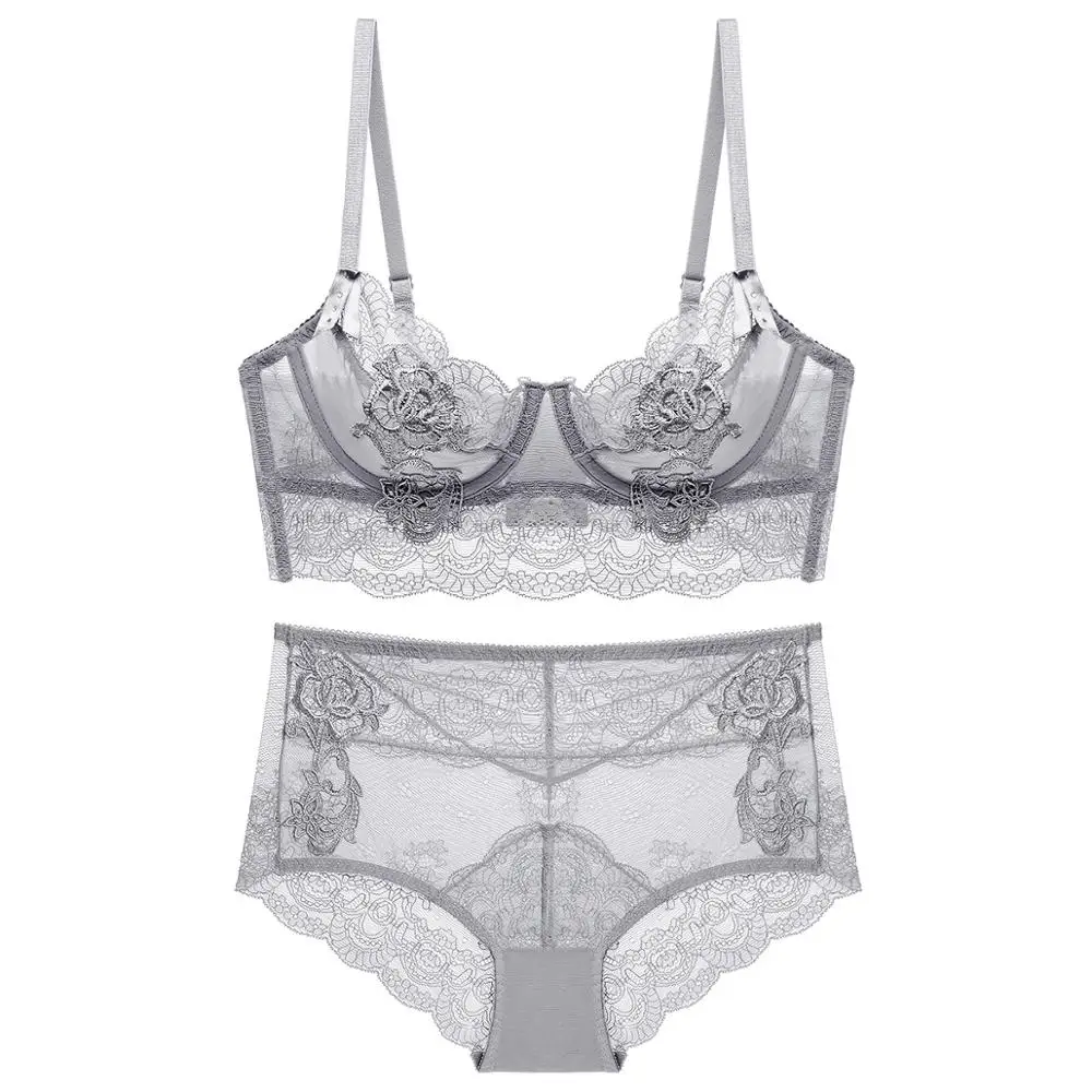 

New sexy lace thin bra set gathers to receive the breast milk breathable underwear ladies half cup comfortable lingerie set