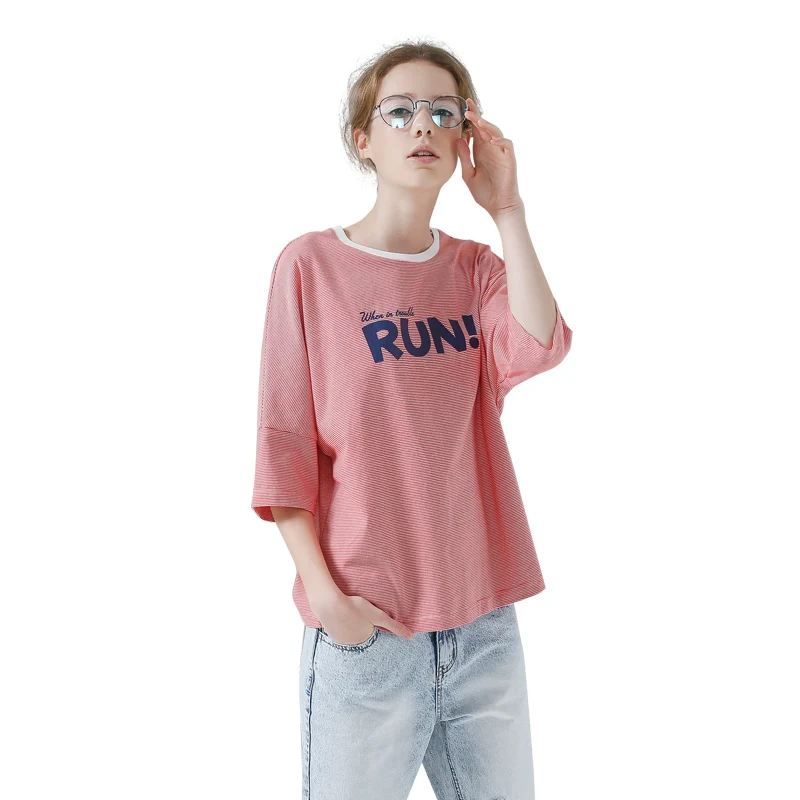 Toyouth Striped T Shirt Women 2018 Summer Hit Color Batwing Half Sleeve T-Shirts Loose Letter Printed Female Tee Camisetas Mujer