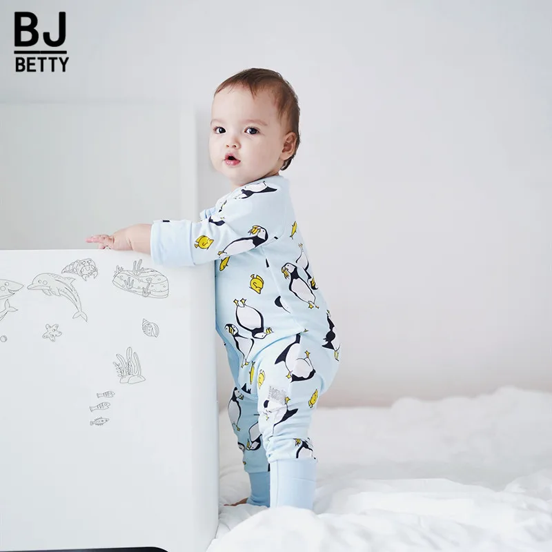 Infant Baby Long Sleeve Romper Cartoon Penguin Animal Striped Jumpsuit Clothes 