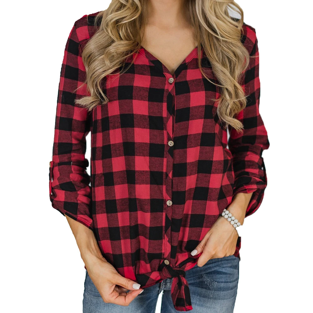 women's plus size red and black plaid shirt