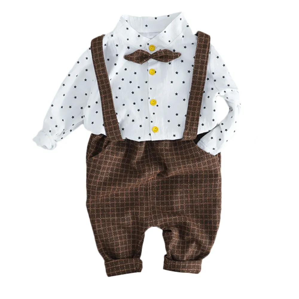 Комплект детской одежды для маленьких мальчиков и девочек, футболка с принтом звезды+ однотонный комбинезон в клетку 2 предмета, осенняя одежда для маленьких мальчиков, 30