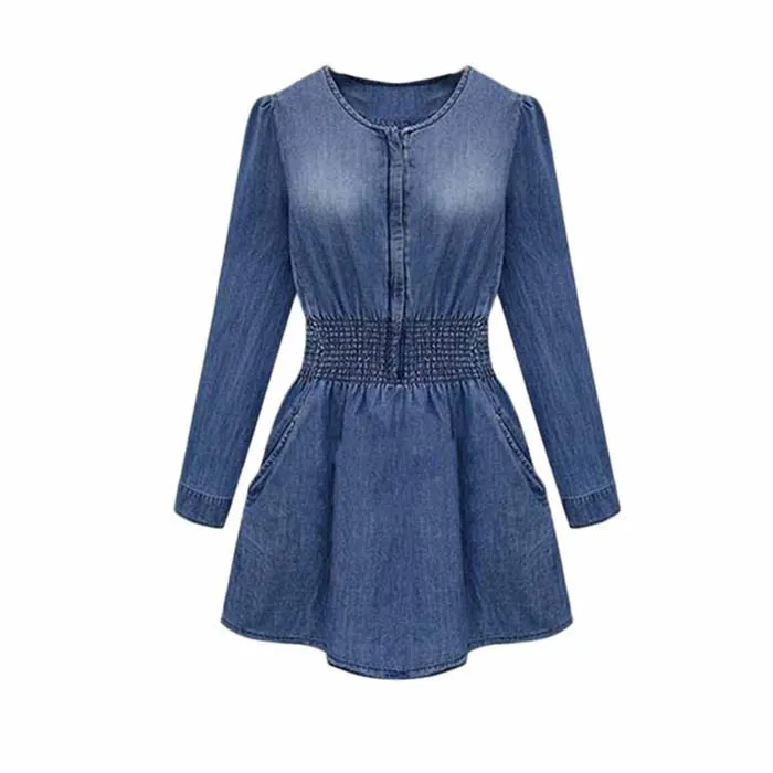 

JAYCOSIN Dresses Women O-Neck Daily Dress Vintage Spring Women Long Sleeved Slim Casual Denim Jeans Party Mini Dress 201916